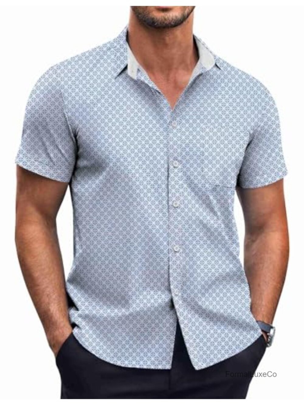 Mens Short Sleeve Button Down Shirt Wrinkle Free Polka Dot Print with Pocket